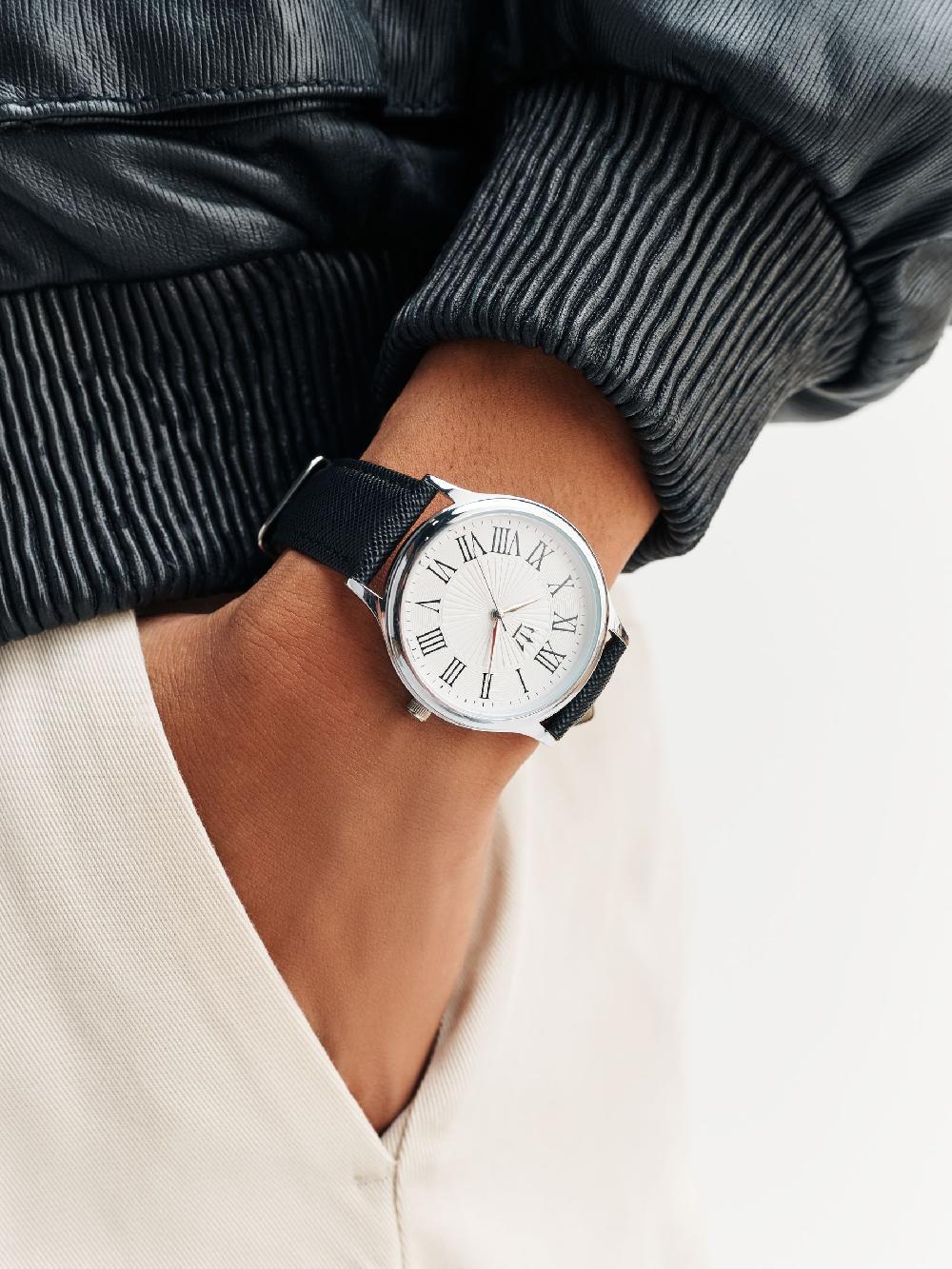 seraphine Black/White Classic Watch With Saffiano Textured Strap