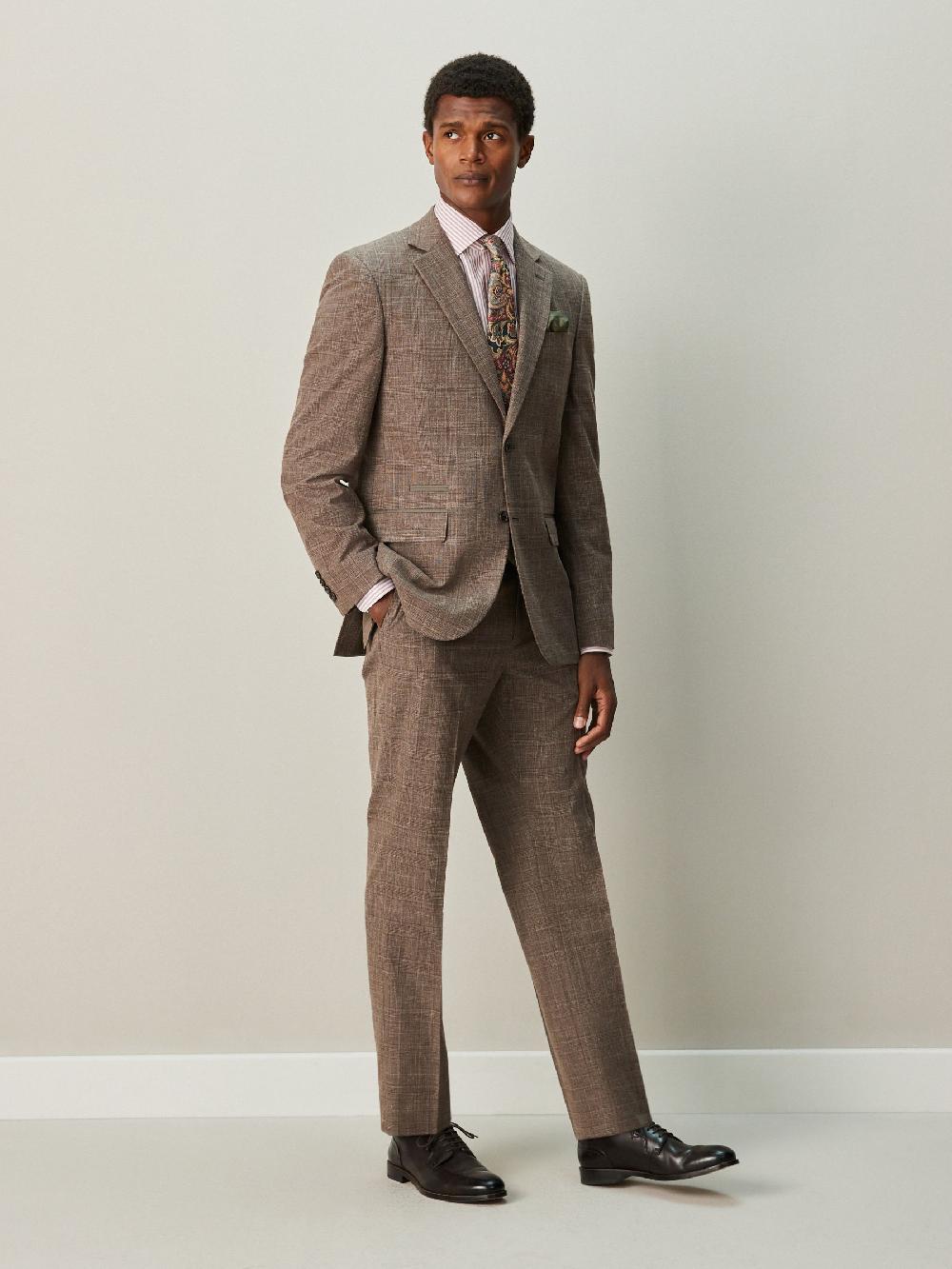 seraphine Brown Regular Fit Trimmed Check Suit Jacket