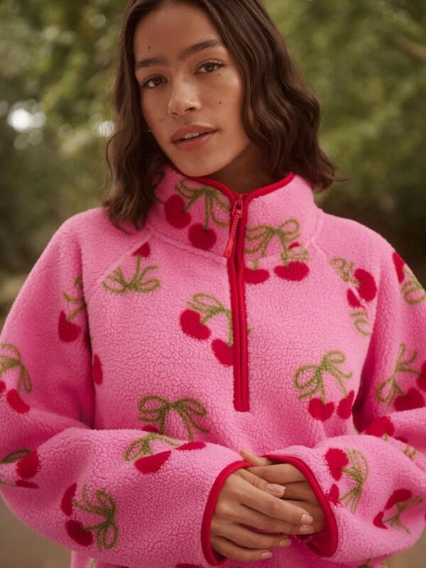 Seraphine Cherry Print Active Quarter Zip Borg Jacket