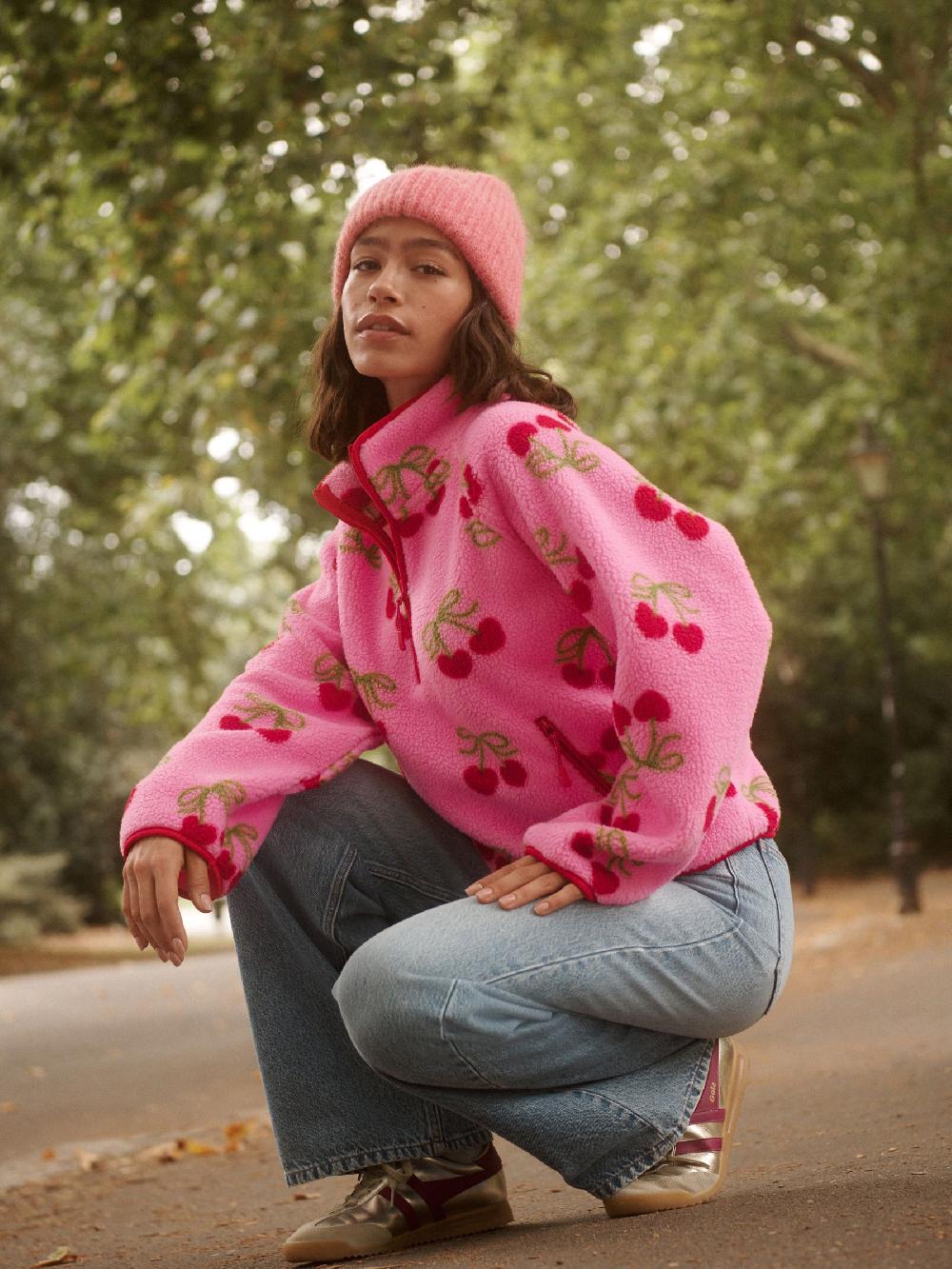 Seraphine Cherry Print Active Quarter Zip Borg Jacket