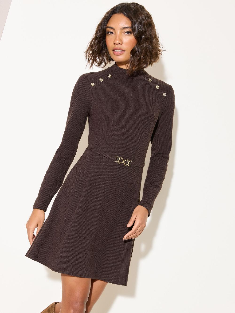 seraphine Friends Like These Chocolate Brown Long Sleeve Button Shoulder Beleted Mini Dress