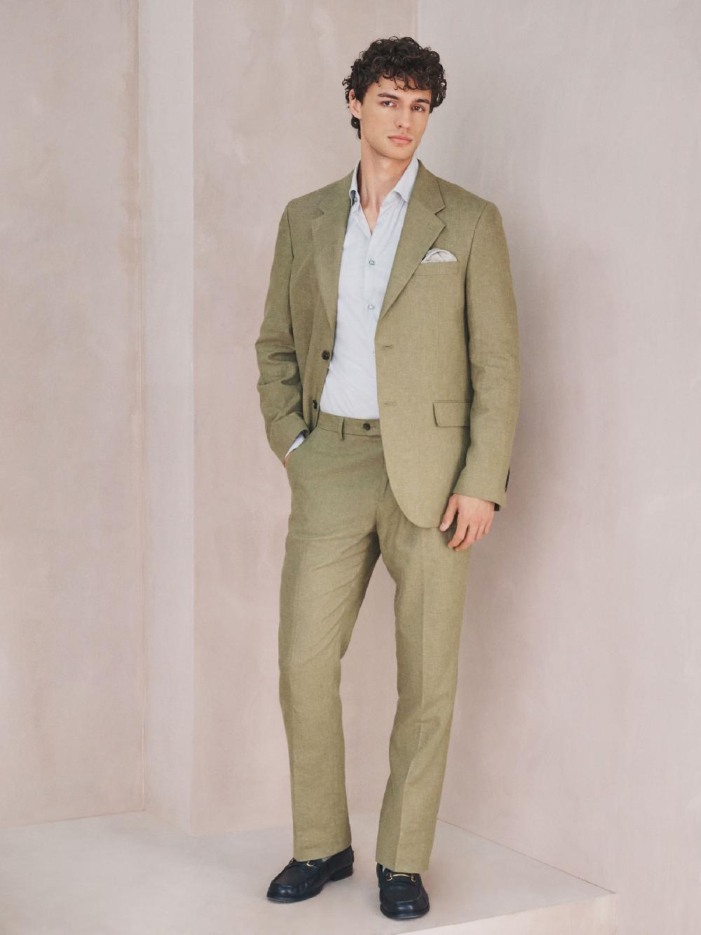 seraphine Green Tailored Fit Linen Blend Texture Suit Jacket