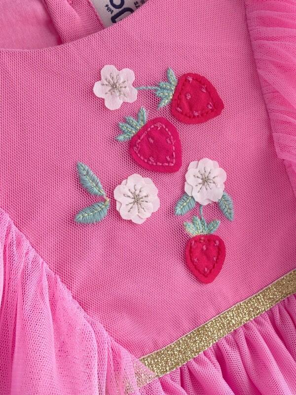 Seraphine JoJo Maman Bébé Bright Pink Strawberry Wildflower Embroidered Puff Sleeve Tulle Party Dress