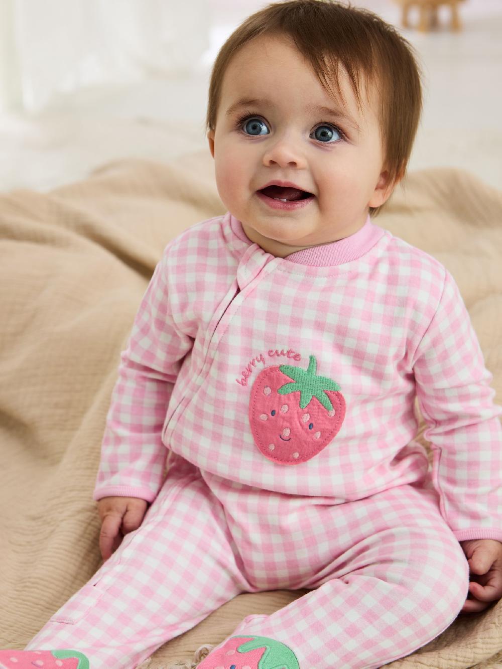 seraphine JoJo Maman Bébé Pink Strawberry Cotton Footed Appliqué Zip Sleepsuit