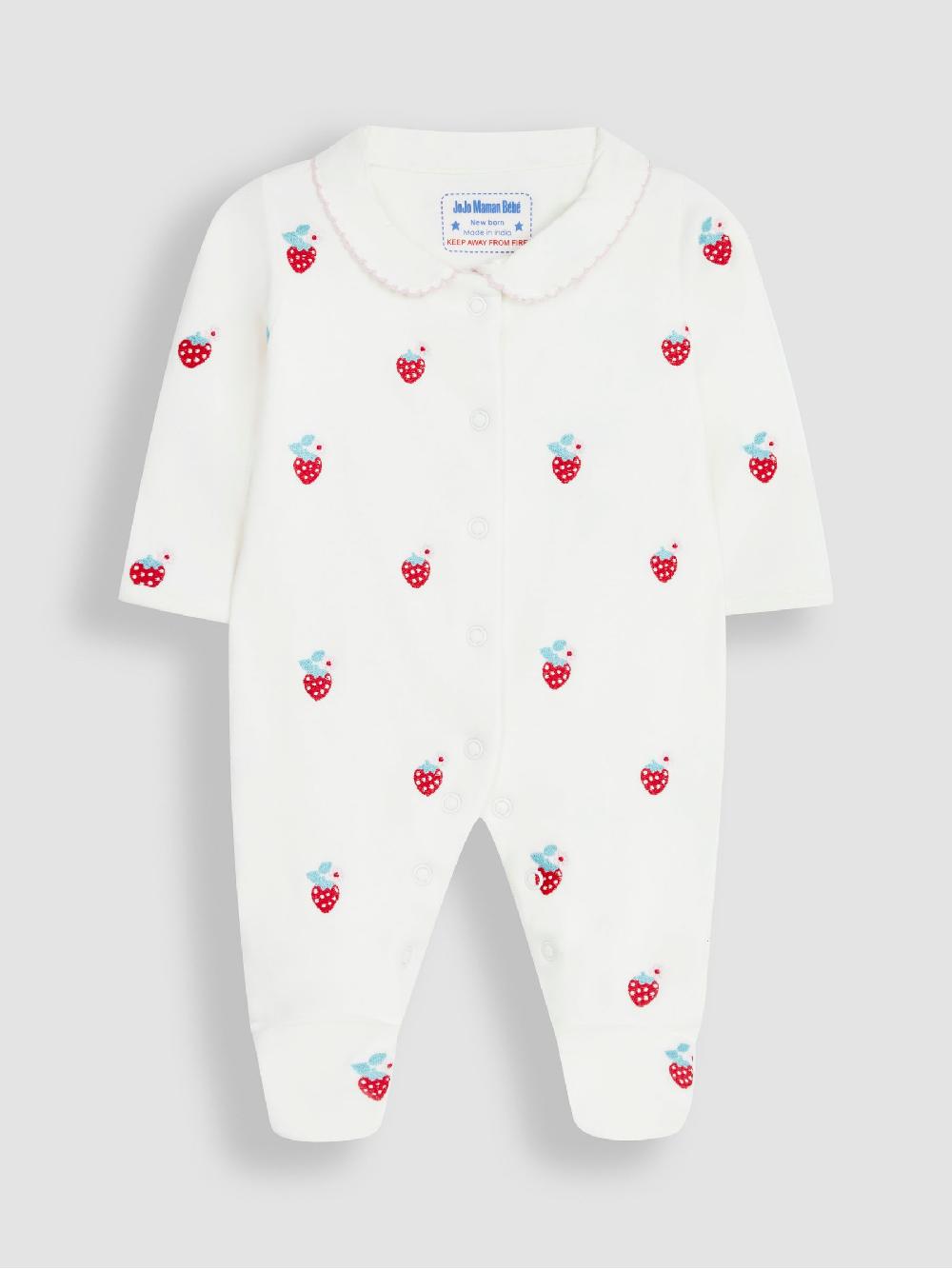 seraphine JoJo Maman Bébé Red Strawberry Embroidered Cotton Baby Sleepsuit