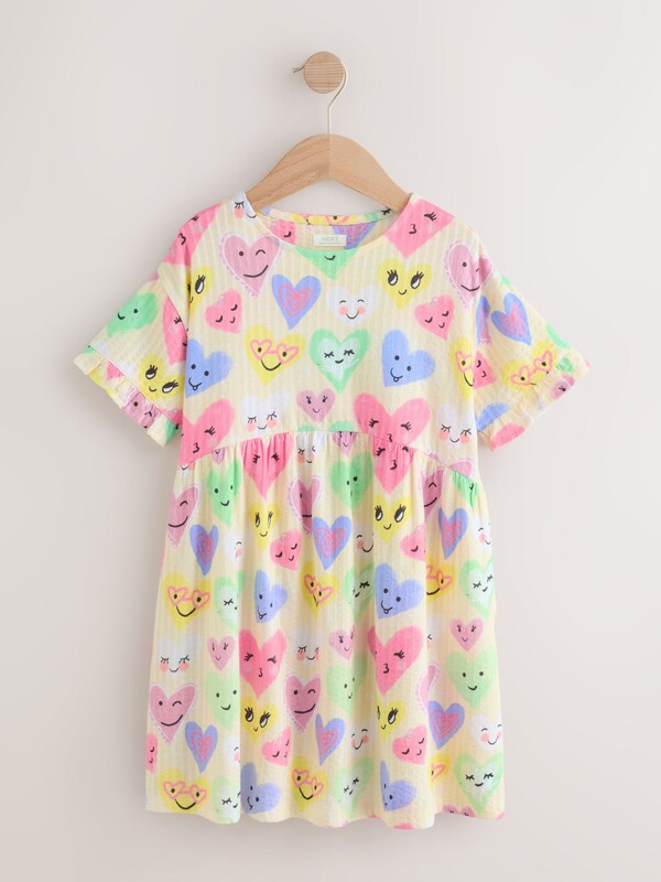 Seraphine Light Yellow Heart Print Short Sleeve Jersey Dress (3-16yrs)