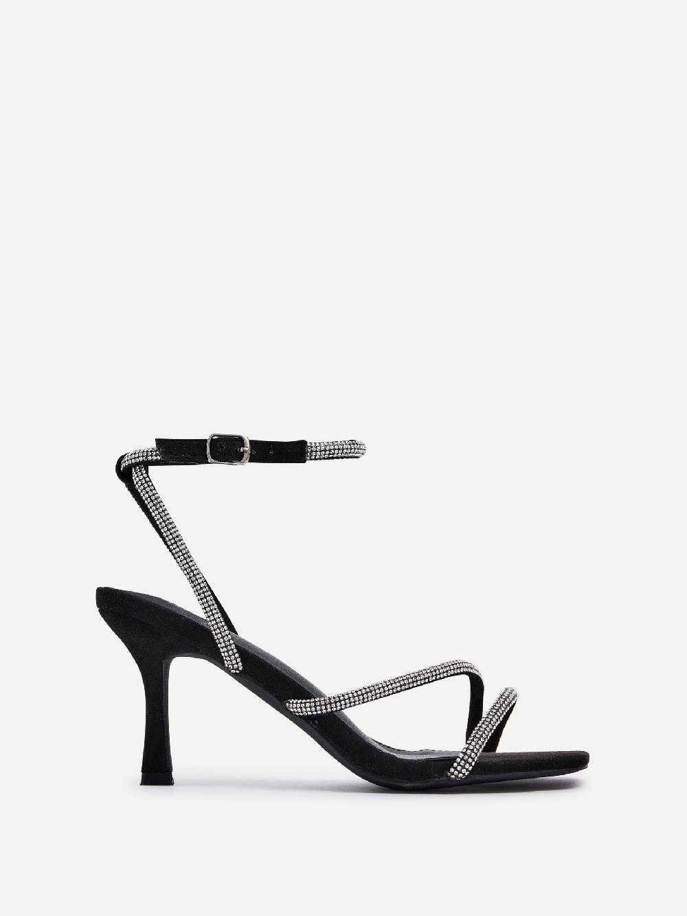 seraphine Linzi Black Mayfair Diamante Heeled Sandals With Wrap Around Ankle Strap