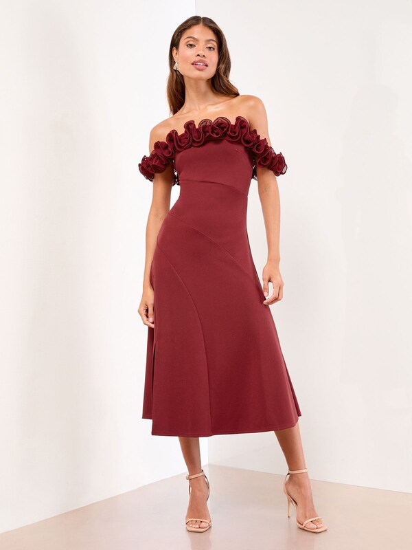 Seraphine Lipsy Burgundy Red Ruffle Bardot Fit And Flare Midi Dress