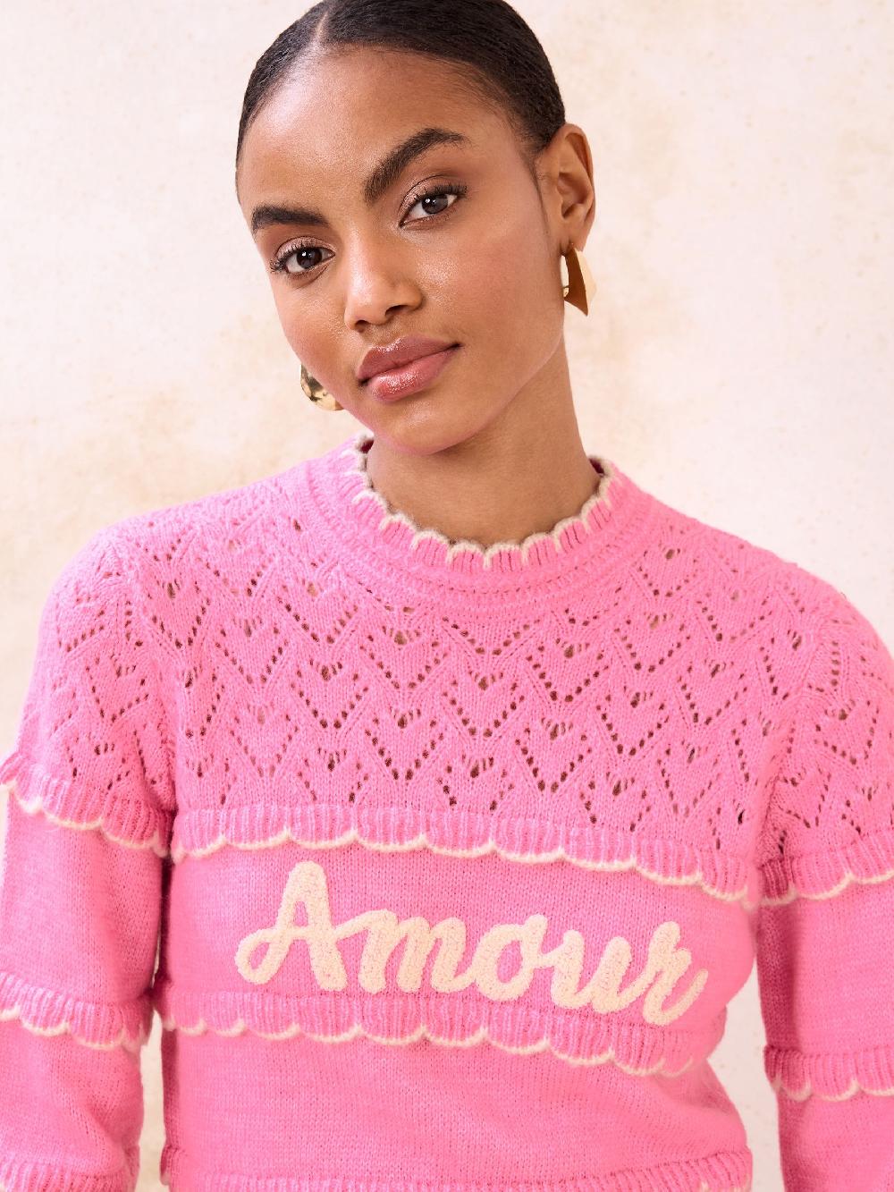 seraphine Lipsy Pink Amore Slogan Pointelle Stitch Long Sleeve Crew Neck Knit Jumper