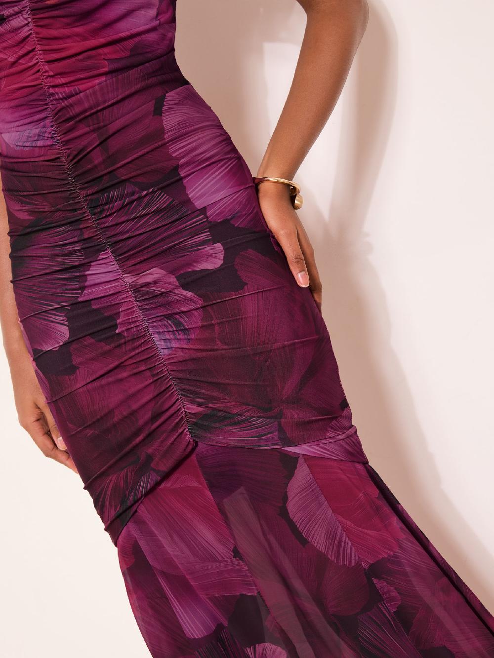 seraphine Lipsy Pink Floral Print Ruched Mesh Maxi Dress