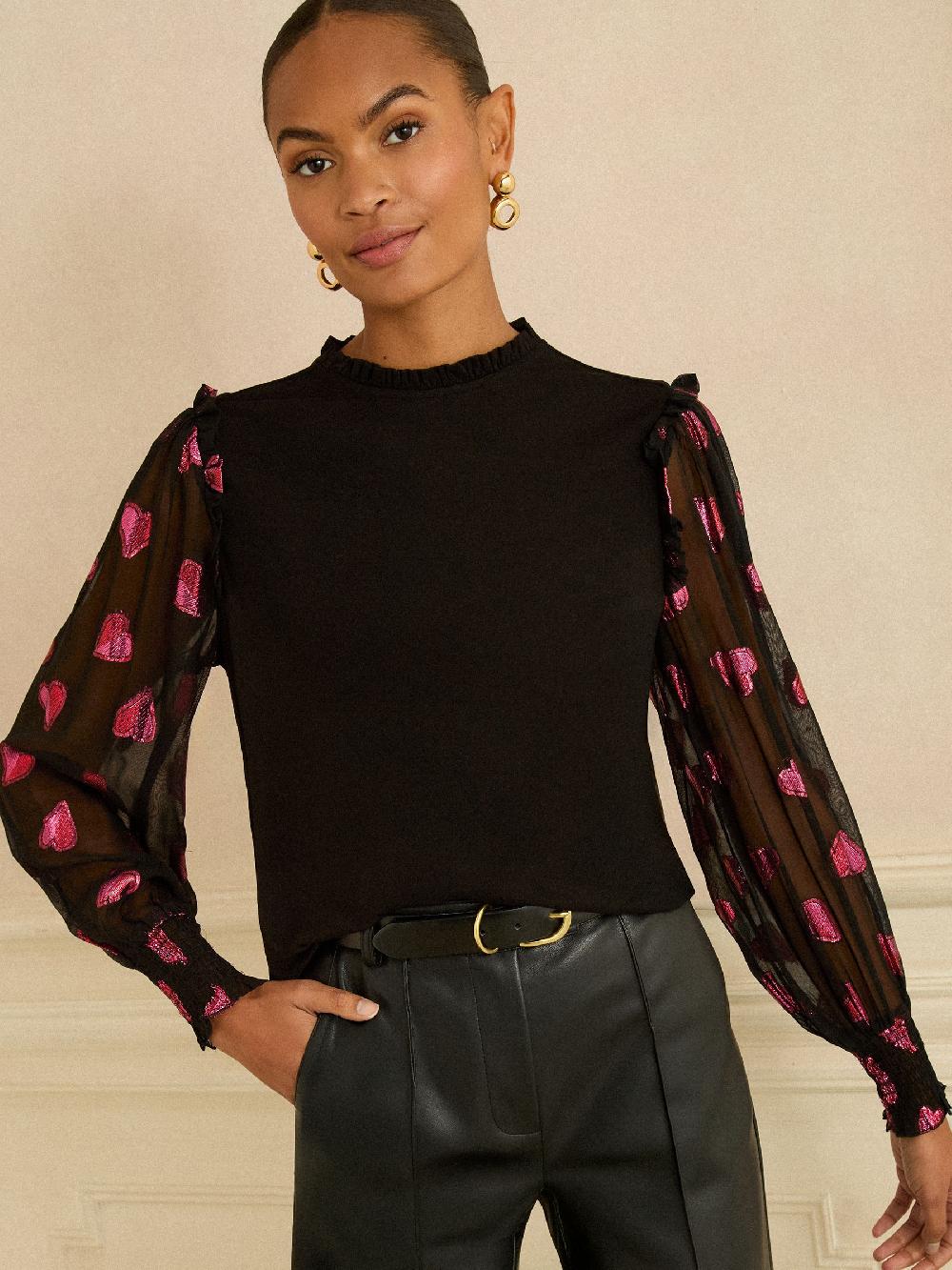 seraphine Love & Roses Black and Red Heart Print Mixed Jersey Sheer Sleeve Top