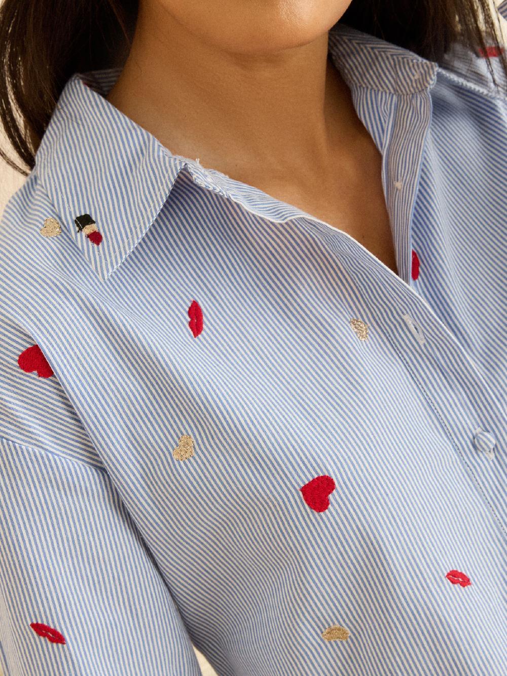 seraphine Love & Roses Blue Stripe Cosmetic Embroidered Button Through Long Sleeve Shirt