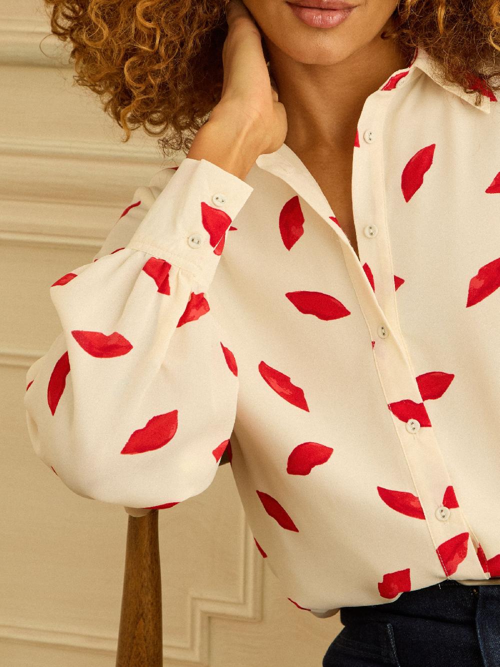 Seraphine Love & Roses Ivory Lips Print Long Sleeve Button Through Shirt