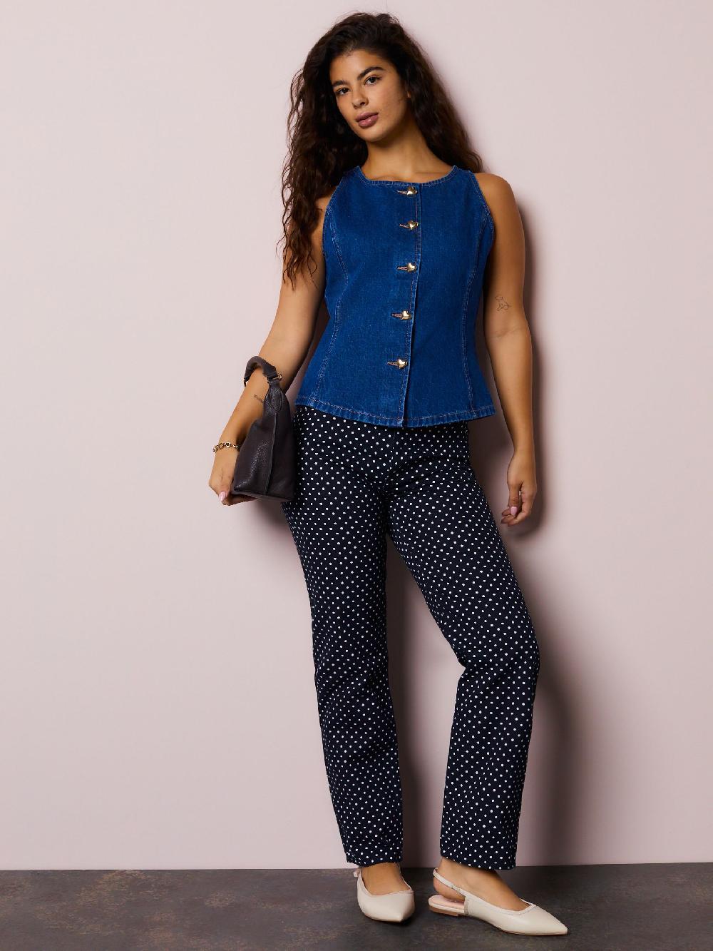 Seraphine Mid Blue Denim Heart Button Through Waistcoat