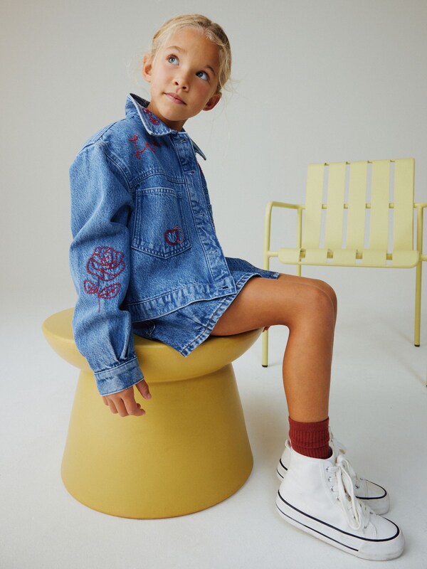 Seraphine Mid Blue Heart Embroidered Denim Shacket (3-16yrs)