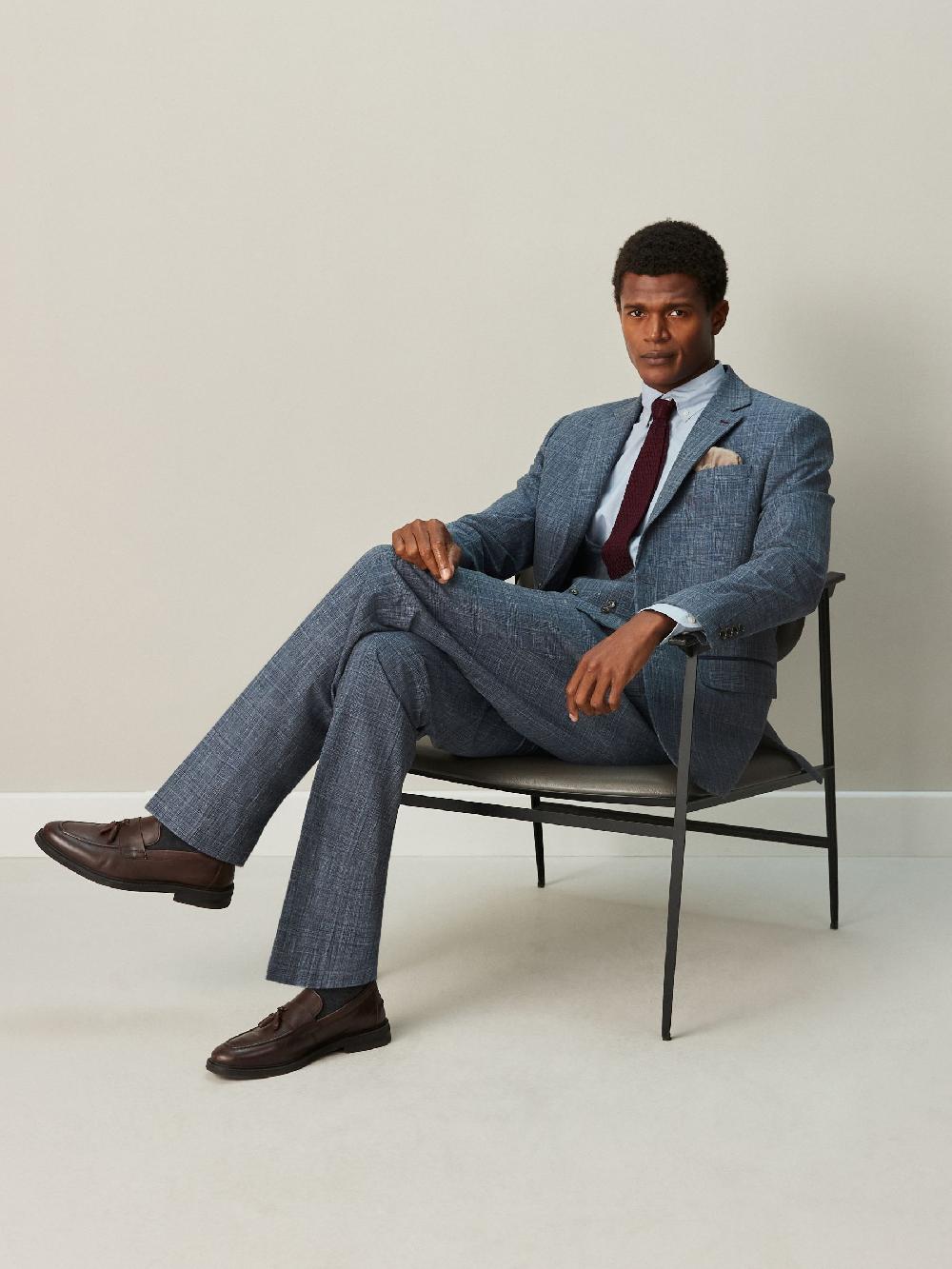 seraphine Navy Blue Regular Fit Trimmed Check Suit Jacket