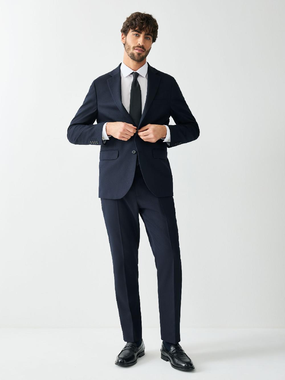 seraphine Navy Blue Tailored Fit Textured Suit Jacket
