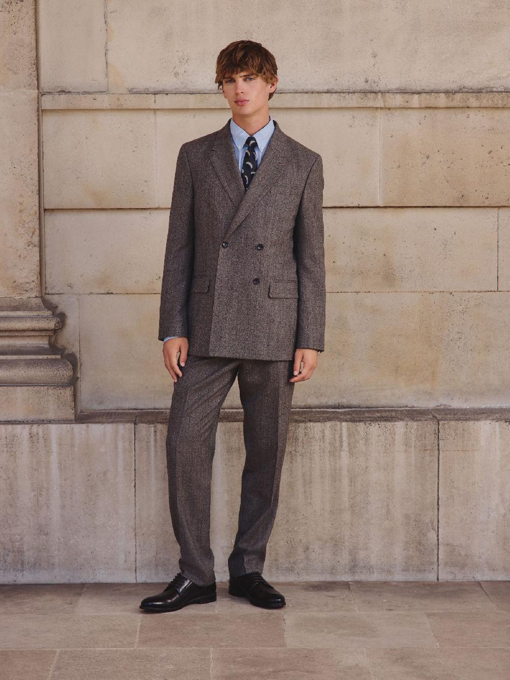 seraphine Neutral Double Breasted Merino Wool Blend Suit Jacket