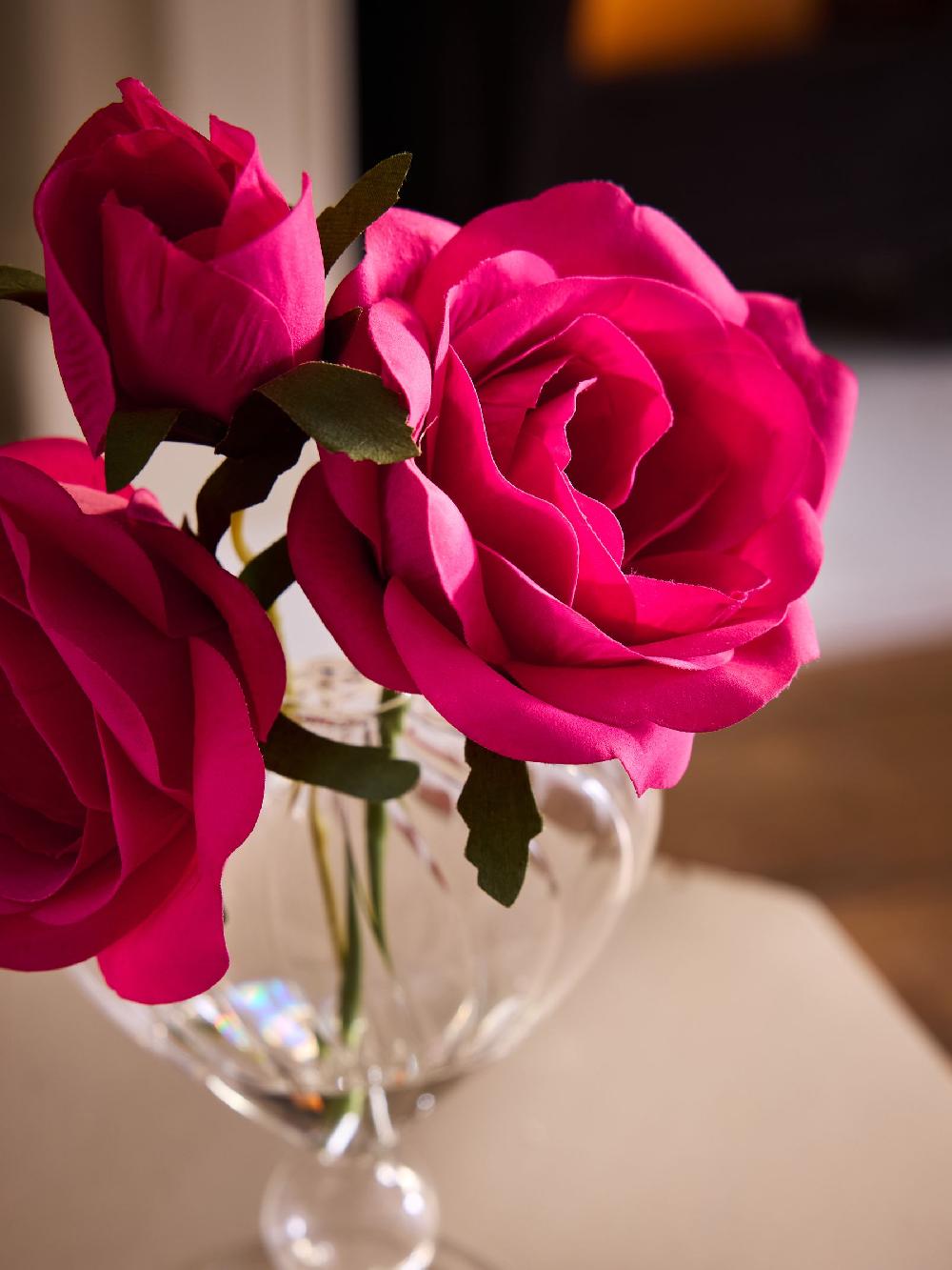 seraphine Pink Artificial Roses in Ribbed Heart Glass Vase
