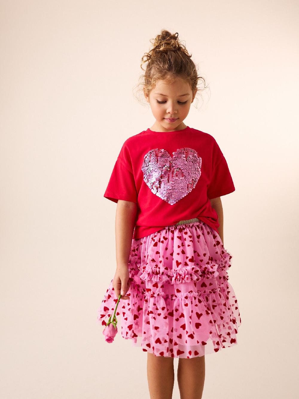 seraphine Pink/Red Heart Pull On Mesh Skirt (3-16yrs)