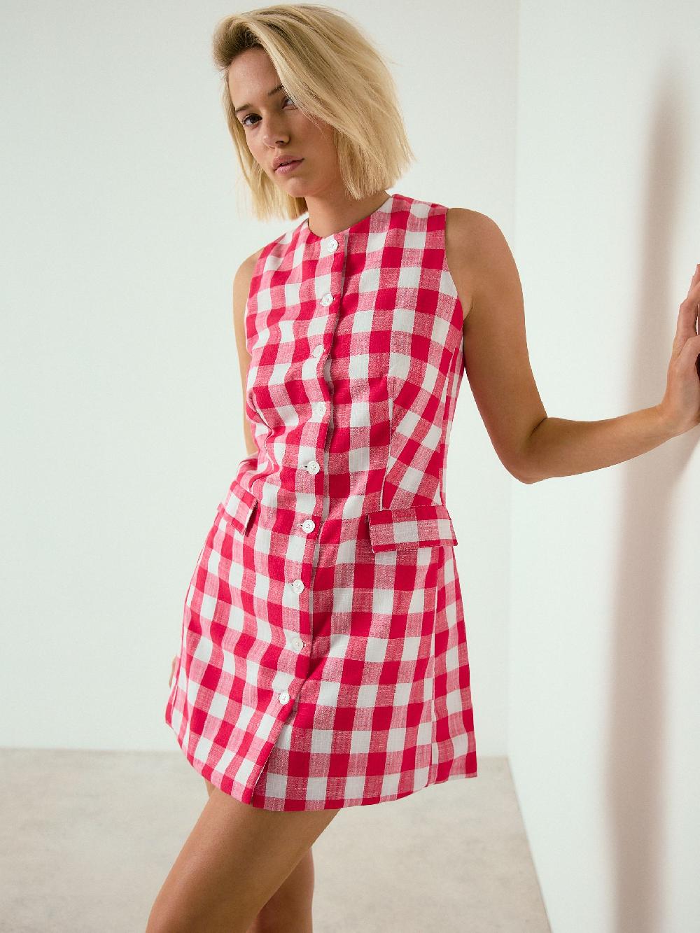 Seraphine Raspberry Pink Gingham Check Sleeveless Waistcoat Button Through Mini Dress