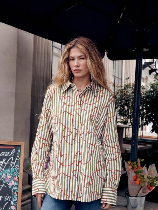 Seraphine Red Heart Embroidered Green Stripe Oversized Boyfriend Shirt