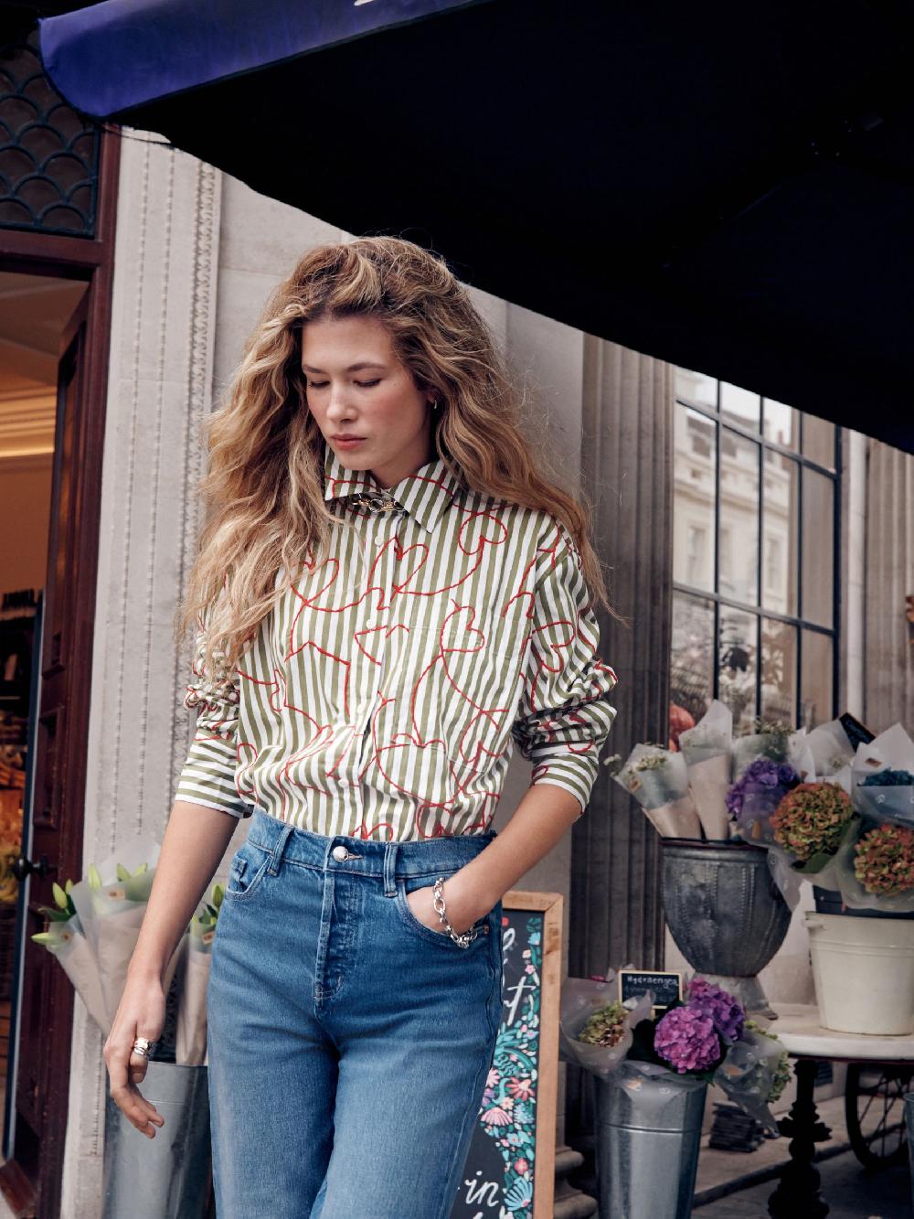 Seraphine Red Heart Embroidered Green Stripe Oversized Boyfriend Shirt
