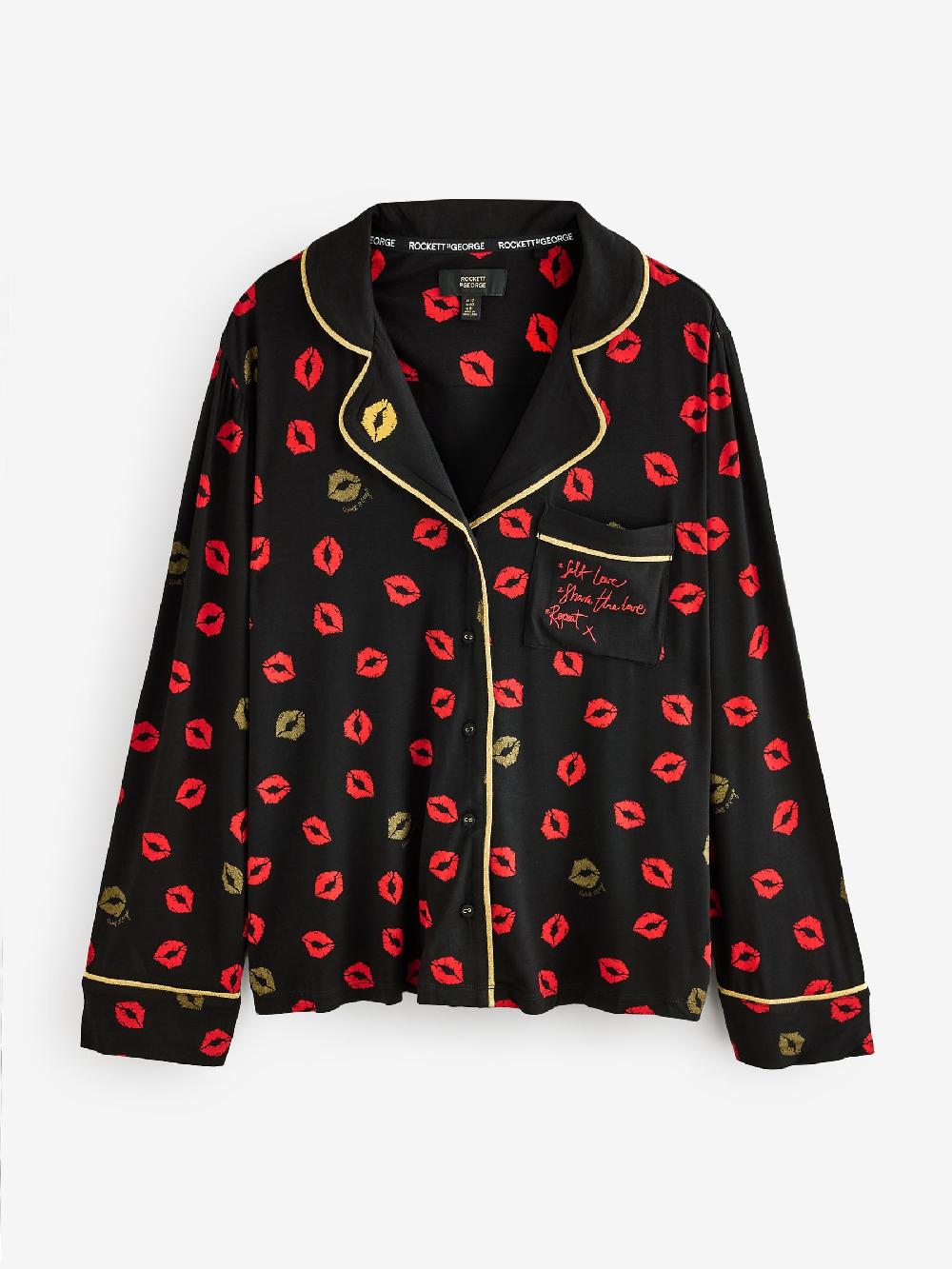 seraphine Rockett St George Black/Red Lips Button Through Jersey Pyjamas