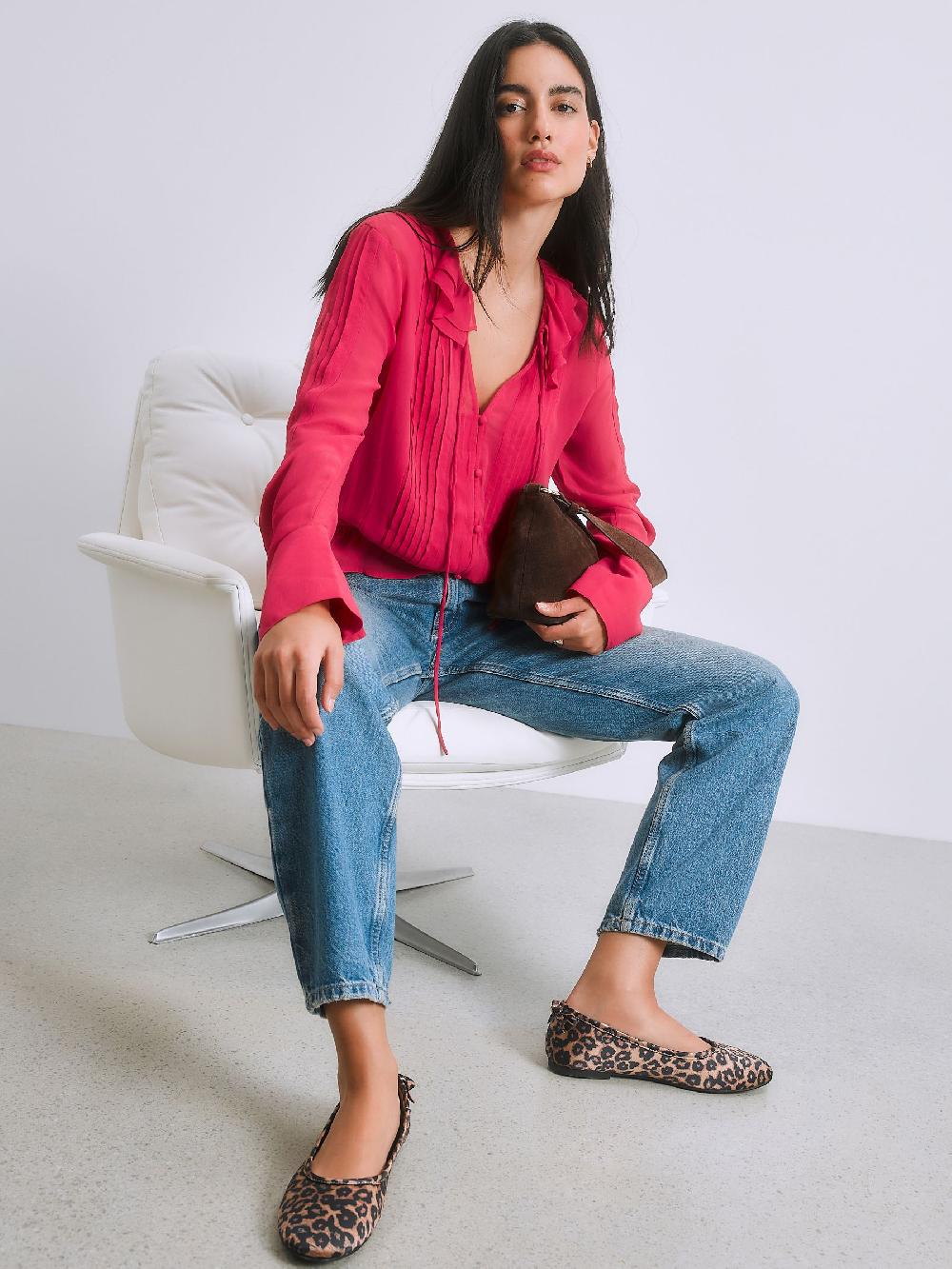 Seraphine Pink Ruffle Pintuck Long Sleeve Blouse
