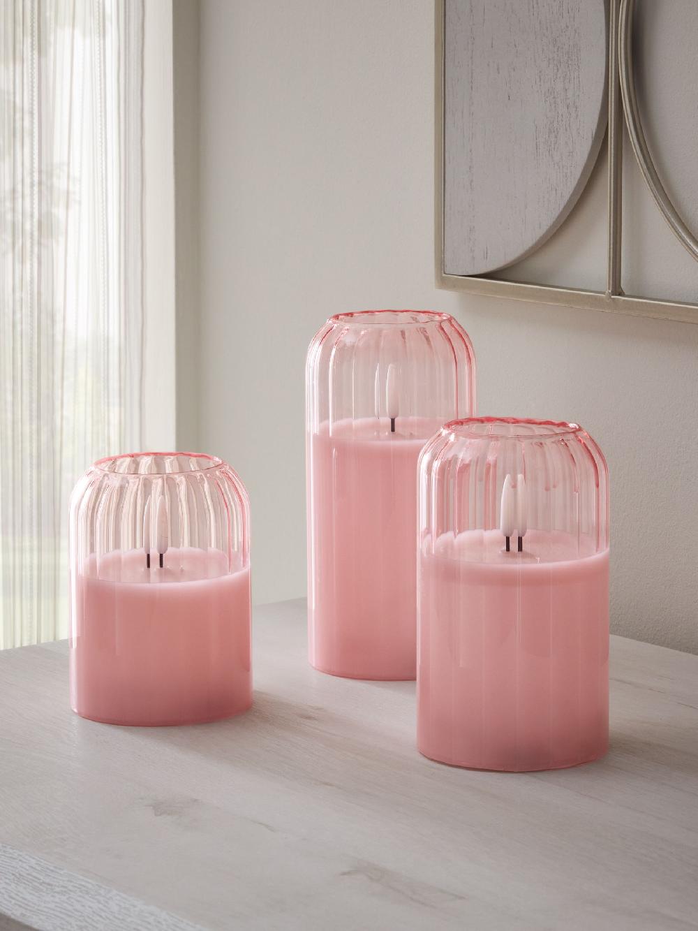 seraphine Set of 3 Pink Glass Ribbed Pillar Candles