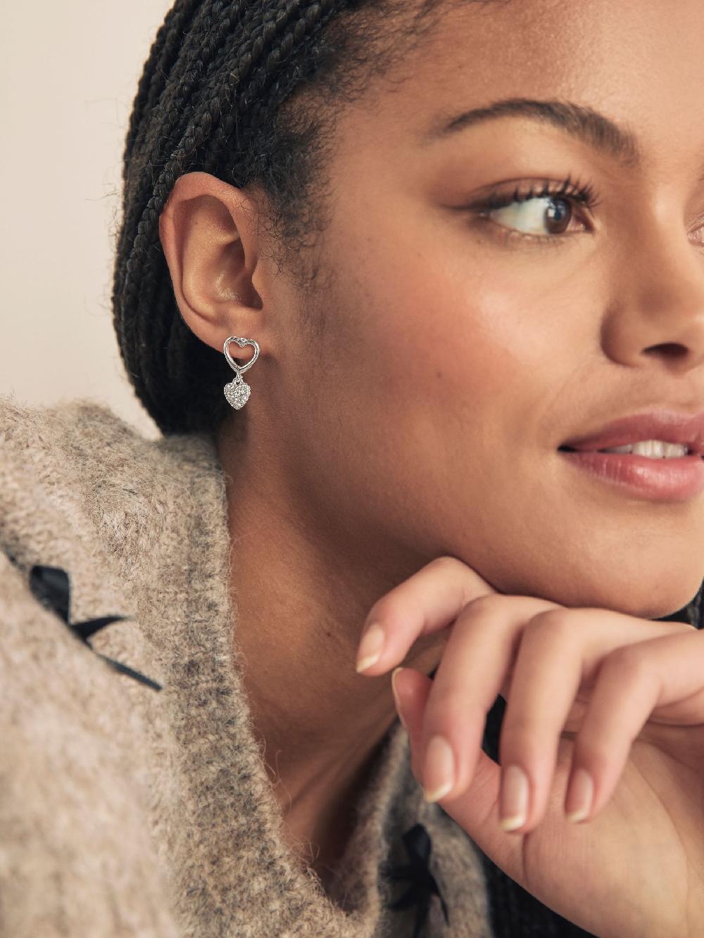 Seraphine Silver Tone Heart Drop Sparkle Stud Earrings