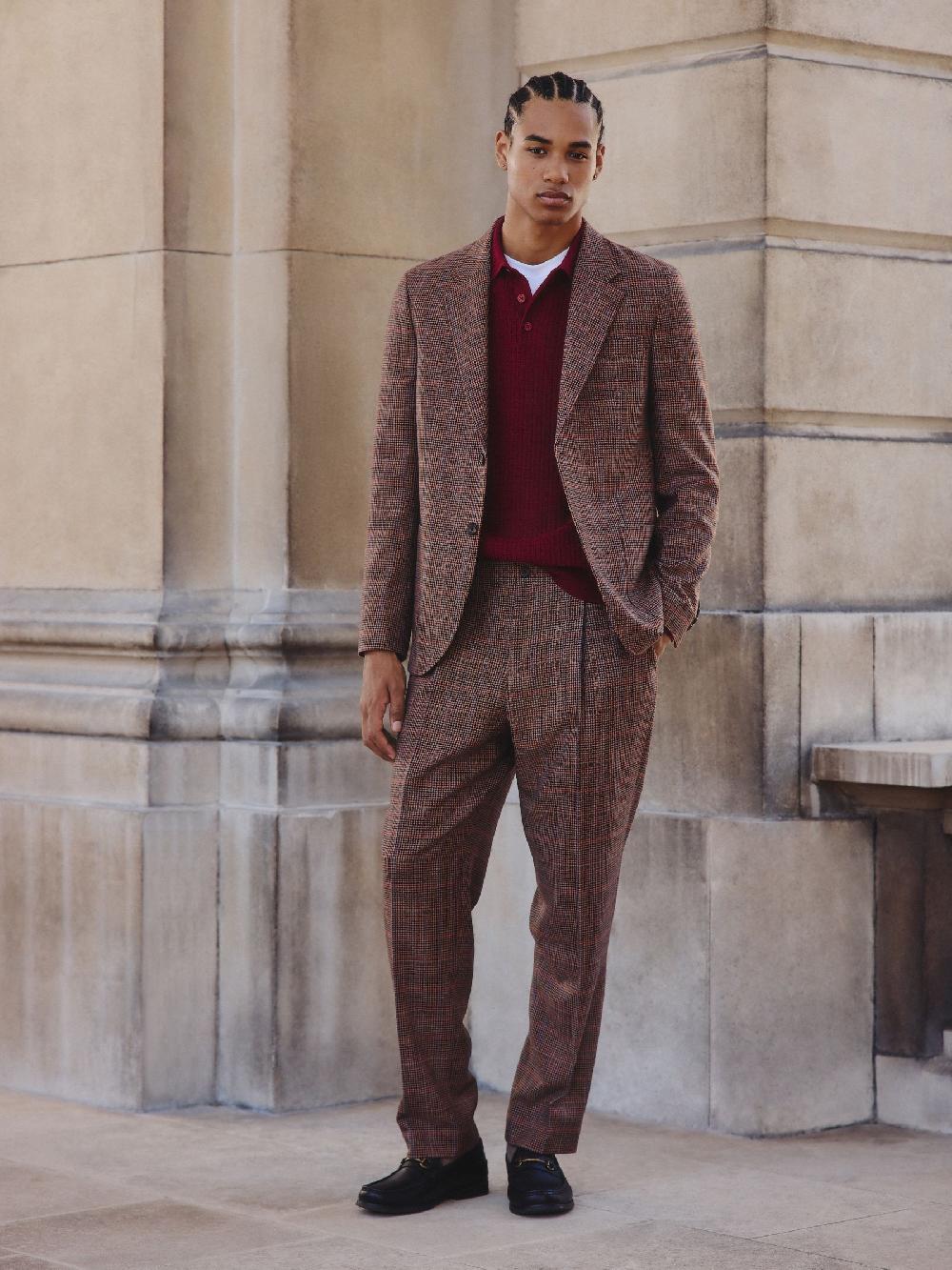 seraphine Tan/Red Slim Fit Wool Blend Check Suit Jacket