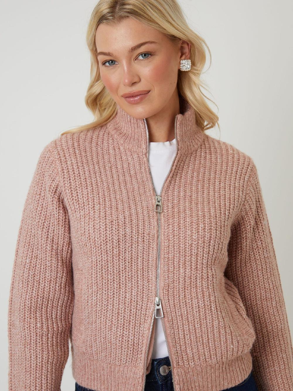 Seraphine Threadbare Pink Valentines Zip Through Knitted Bomber Jacket