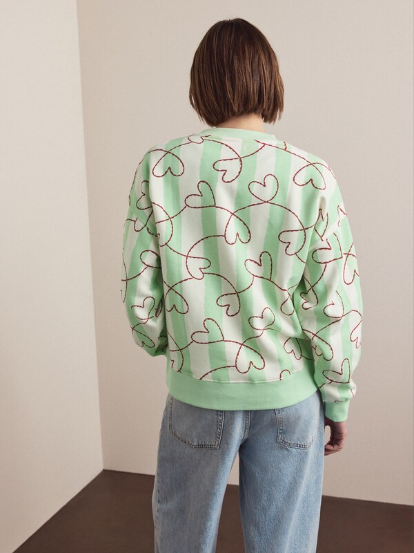 Seraphine Valentines Green Heart Stripe Supersoft Peached Essentials Crew Neck Seam Detail Sweatshirt