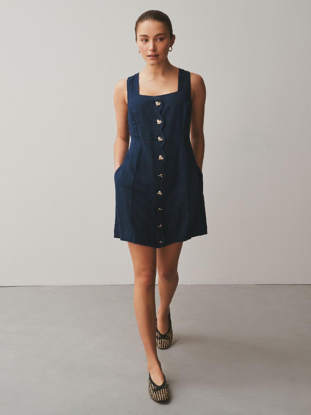 Seraphine Washed Indigo Blue Scallop Edge Square Neck Button Through Mini Shift Dress