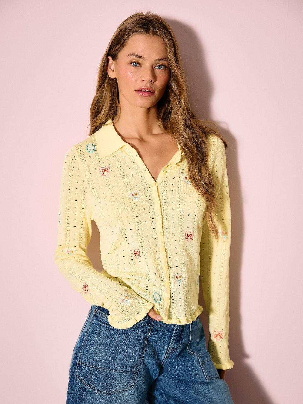 seraphine Yellow Embroidered Pointelle Long Sleeve Knitted Shirt
